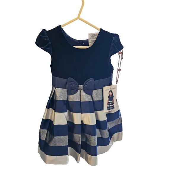 Jona Michelle Girls Special Occasion Blue Velvet Striped A Line Dress T3 - Picture 3 of 4